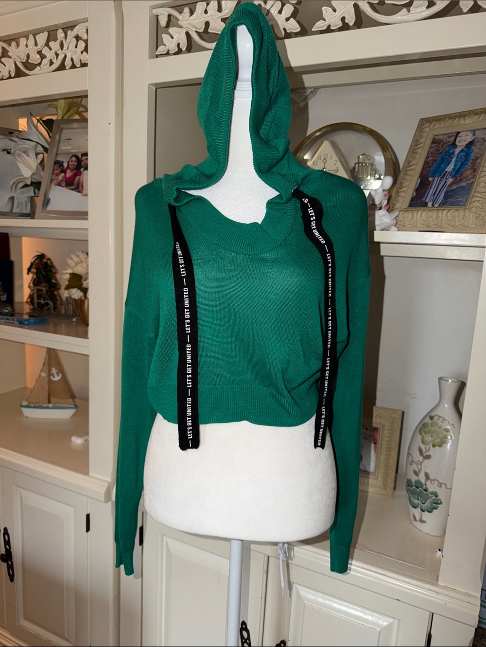 Divided Emerald Green Cropped Hooded Sweater with Drawstring